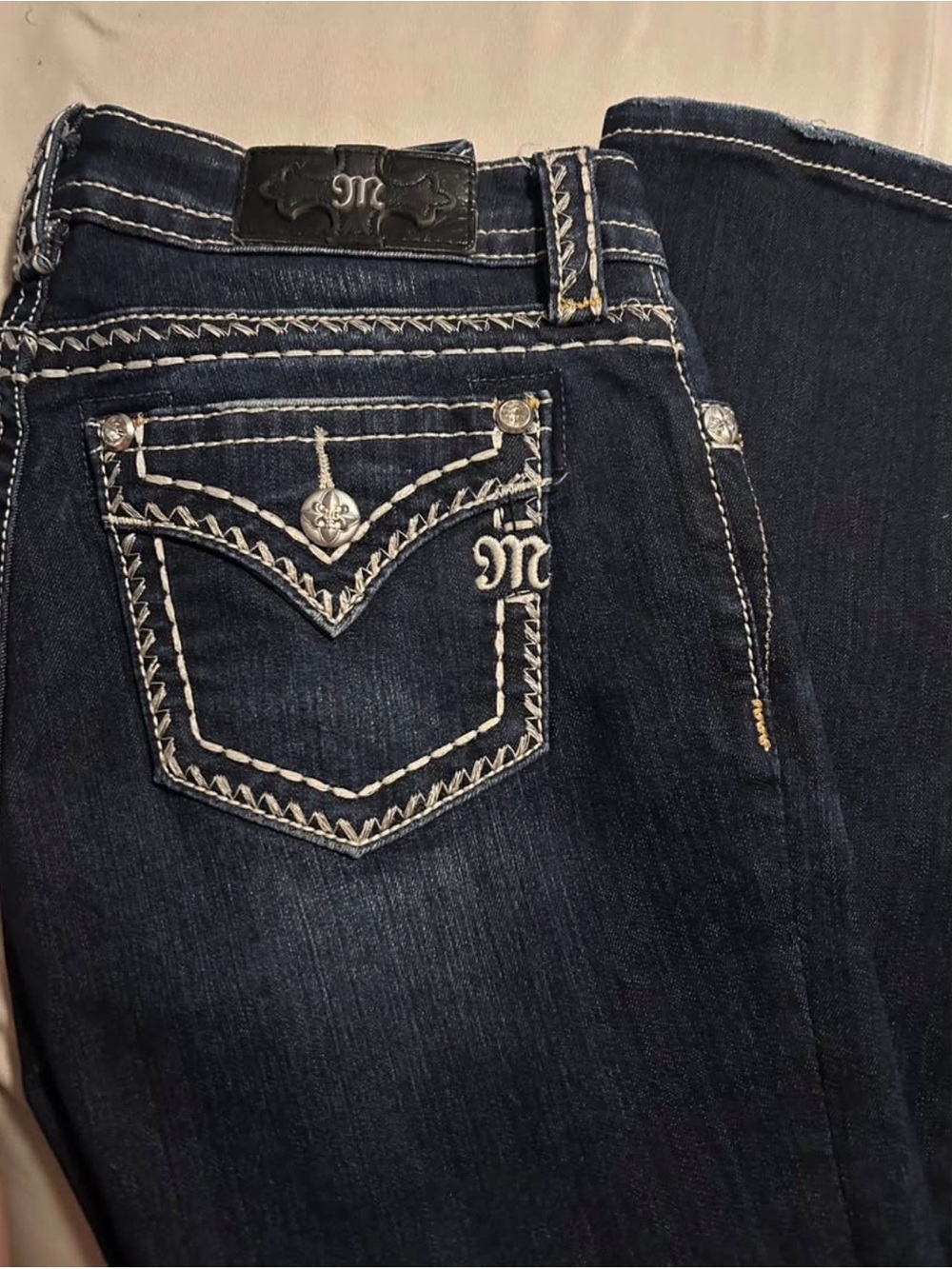 Miss Me Dark Blue Boot Cut Jeans with White Contrast Stitching